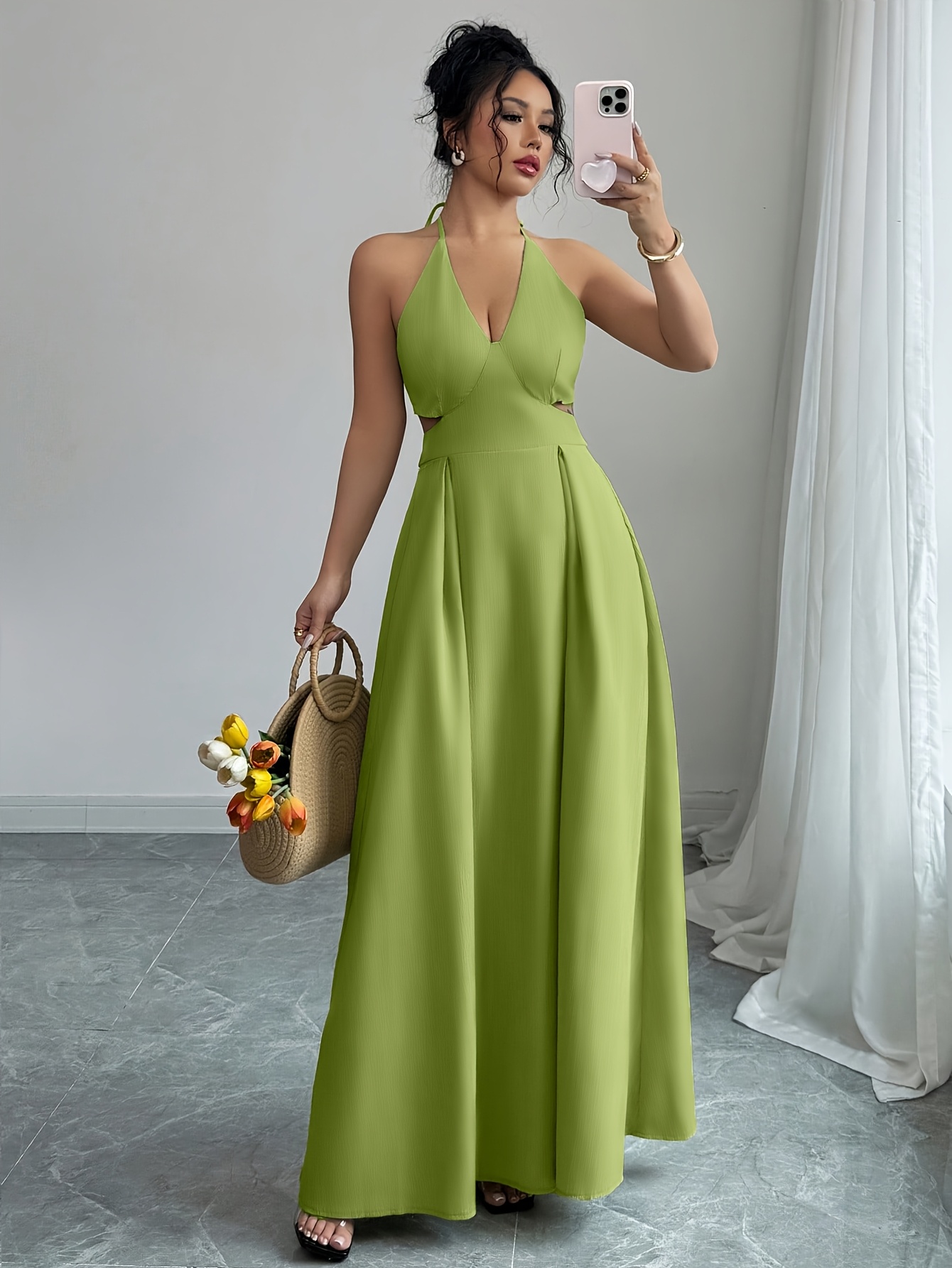 Elegante vestido largo de descubierto verde Sin sin espalda, diseño  fluyente para mujeres para *s y informales, vestido de Moda de 