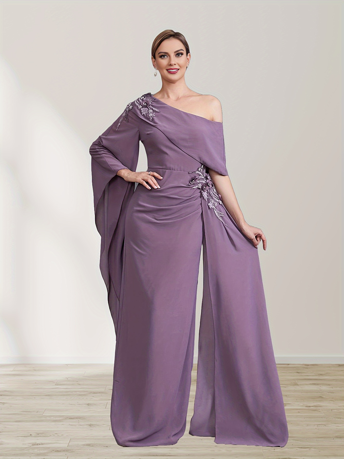 Elegant Chiffon Mother of the Bride Dress Asymmetrical Neck with  Embroidered Detail, Solid Color Long Sleeve Tunic Gown with Flowing Draped  Overlay, P