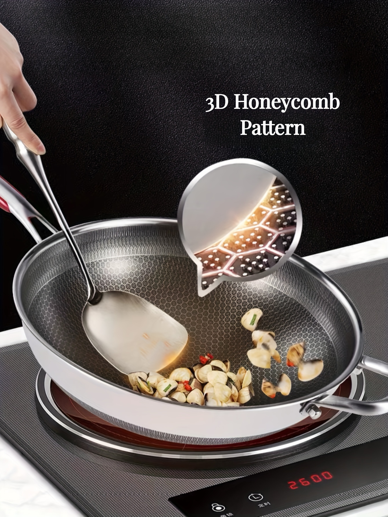 versatile stainless steel wok with glass lid non stick honeycomb design for perfect frying cooking compatible with induction gas stoves   kitchen pan for fish eggs steak 32 34 sizes   household round with handle details 1