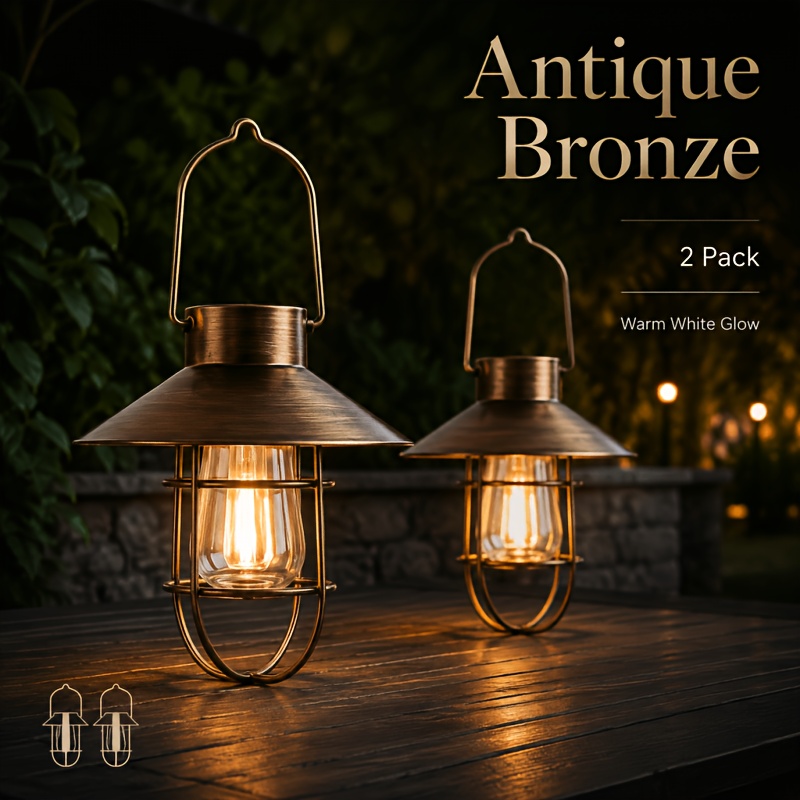 TEMU 2pcs Outdoor Solar Hanging Lanterns - Edison Bulb Pendant Lights, Warm Light, Solar-powered Courtyard Lighting, Suitable For Patios, Camping,