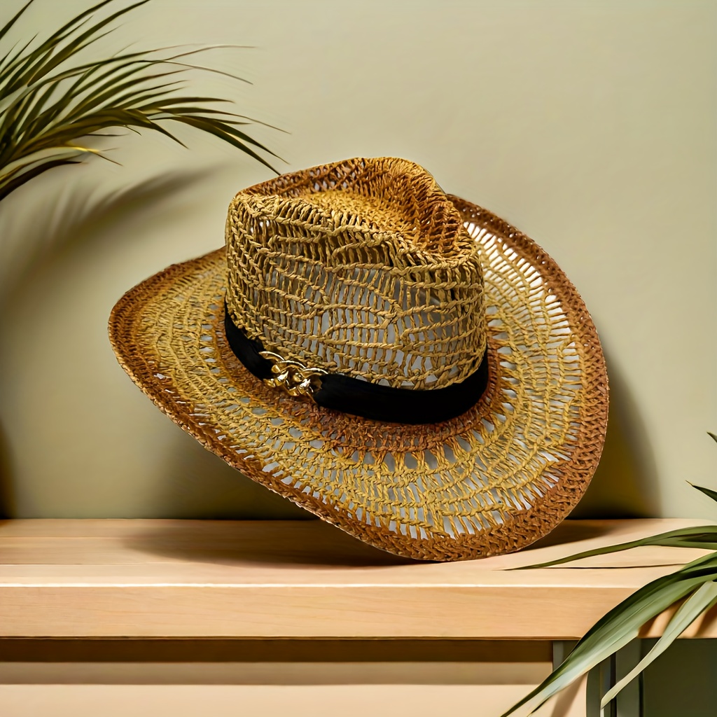 1pc Mens Sunshade Flat Brim Straw Cowboy Hat Three Grass Sun - Temu Canada