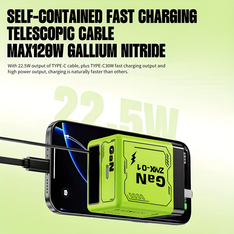 二合一 120 瓦可伸缩充电器，带 c 型电缆和 usb 端口，便携式快速充电壁式插头可扩展快速充电器模块，适用于手机和笔记本电脑, 旅行充电器,笔记本电脑电源适配器,紧凑设计,现代充电解决方案,高效充电模块,多端口充电器,学生,科技爱好者 商品详情 5