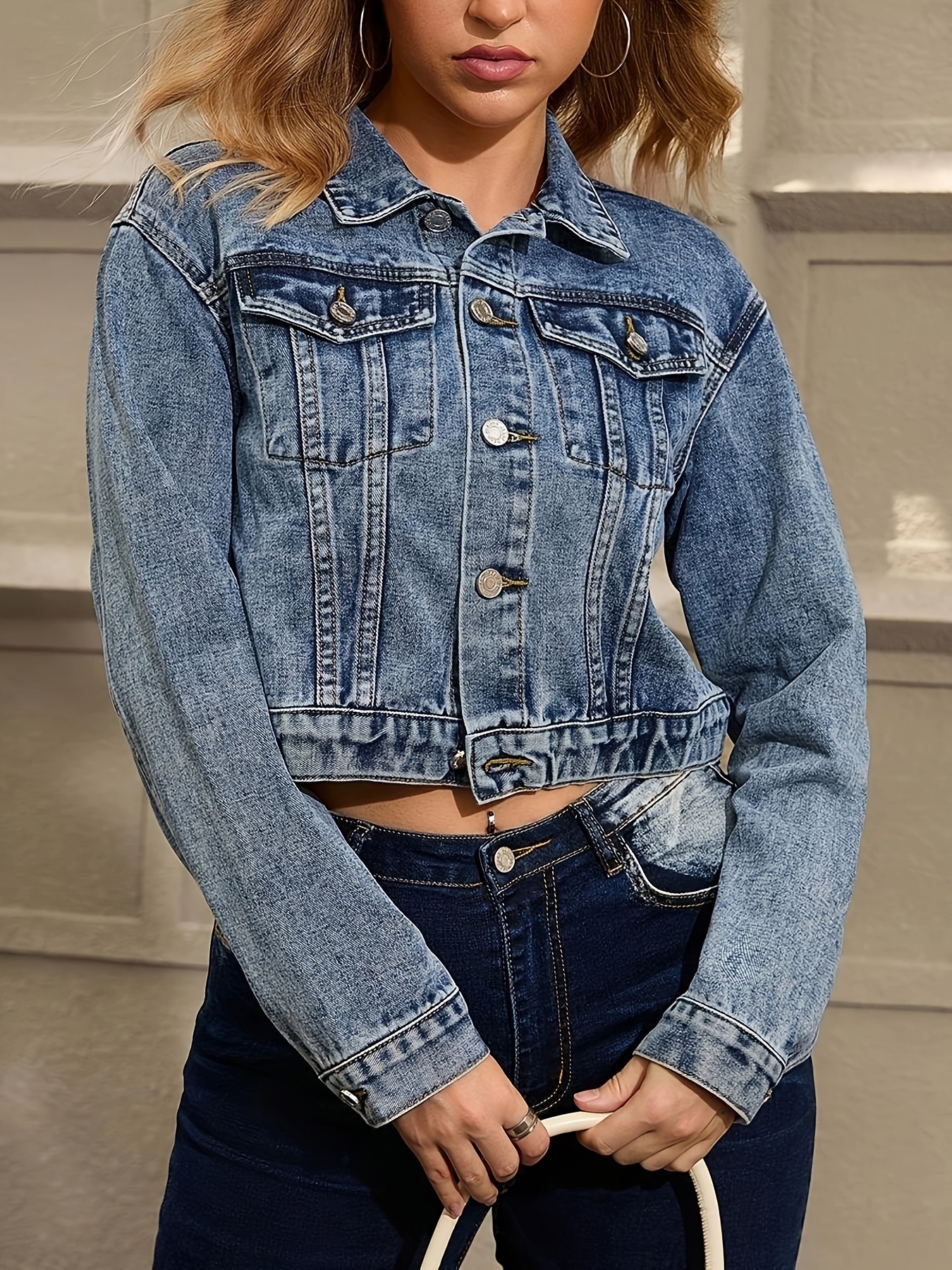 modische damen jeansjacke blumenmuster lässige langarm Temu