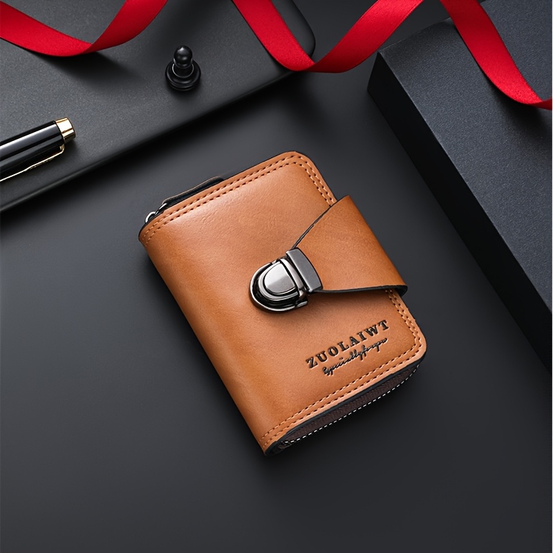 TEMU Men's Credit Card Pouch Retro Solid Color Portable Coin Purse - Snap Design Short Bank Trifold Card Holder Business Card Case Zipper Vertical