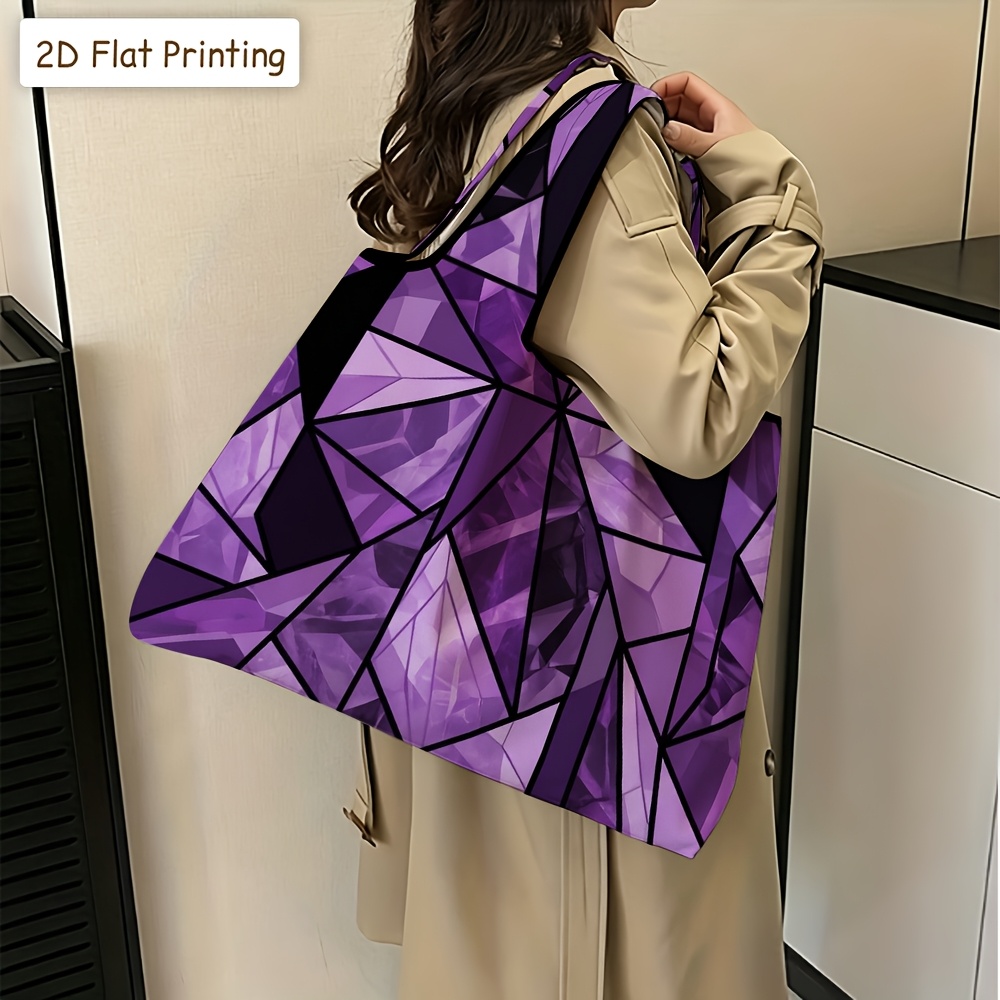 TEMU 2d Flat Printing, 1pc Capacity Portable Shopping Bag, Tote Bag Featuring An Abstract Purple Geometric Mosaic Design, Aesthetic Handbag, Perfect