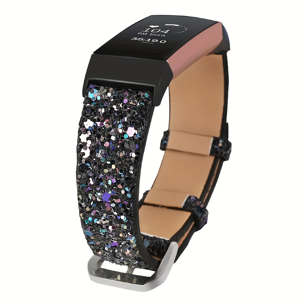 TEMU Compatible For Fitbit Charge 4/charge 3/charge 3 Se Women's Sparkle Glitter Sequins Fashionable Slim Pu Leather Replacement Watch Strap