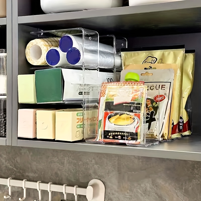 2-Pack Clear Plastic Kitchen Cabinet Organizer Shelf Wall-Mounted  Space-Saving Storage with Multi-Compartment for Food Wrap, Foil  Condiments