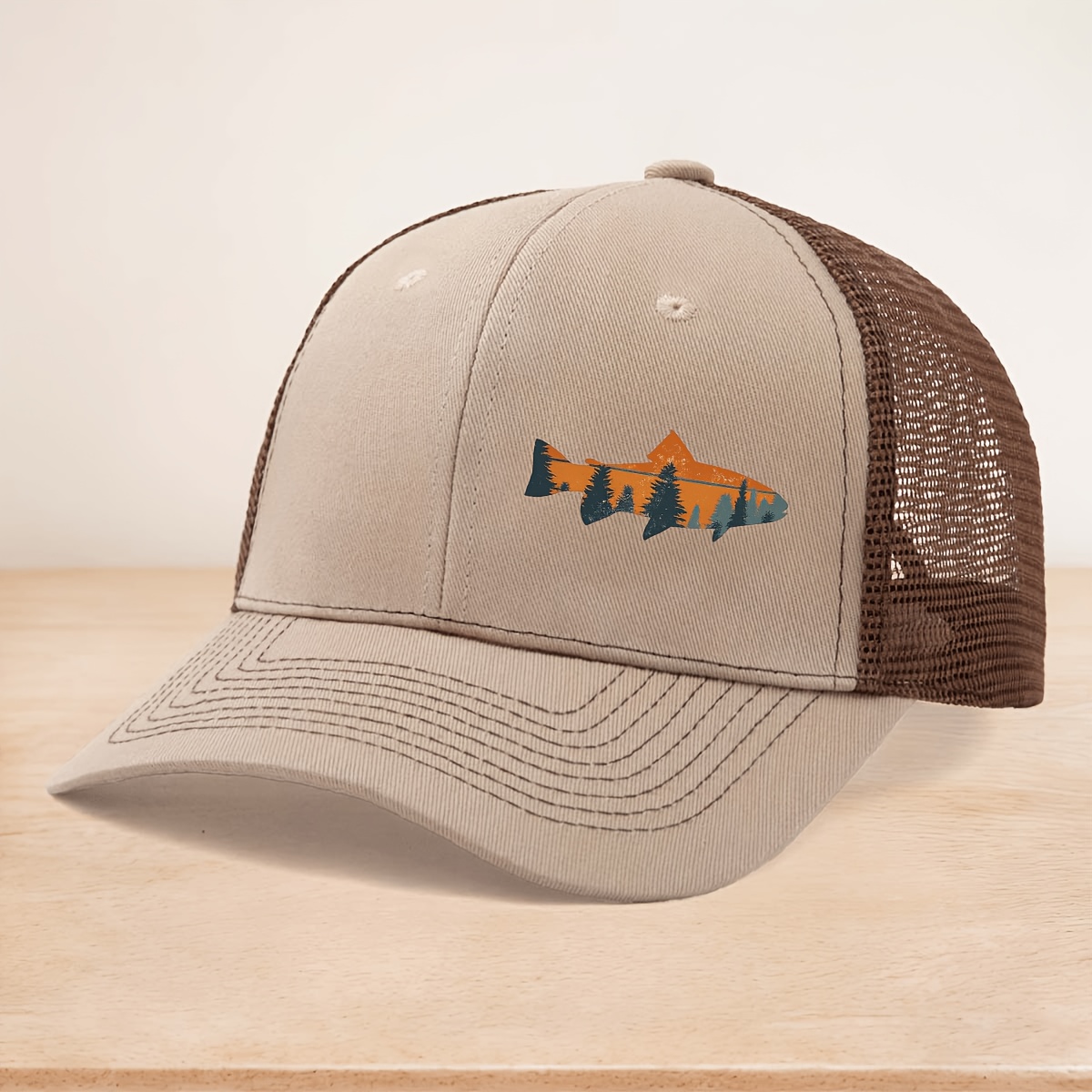 TEMU A High-quality Trendy Baseball Cap With A Forest Salmon Silhouette Print, Featuring A Hard Top, Lightweight Mesh For , And A Curved Brim That