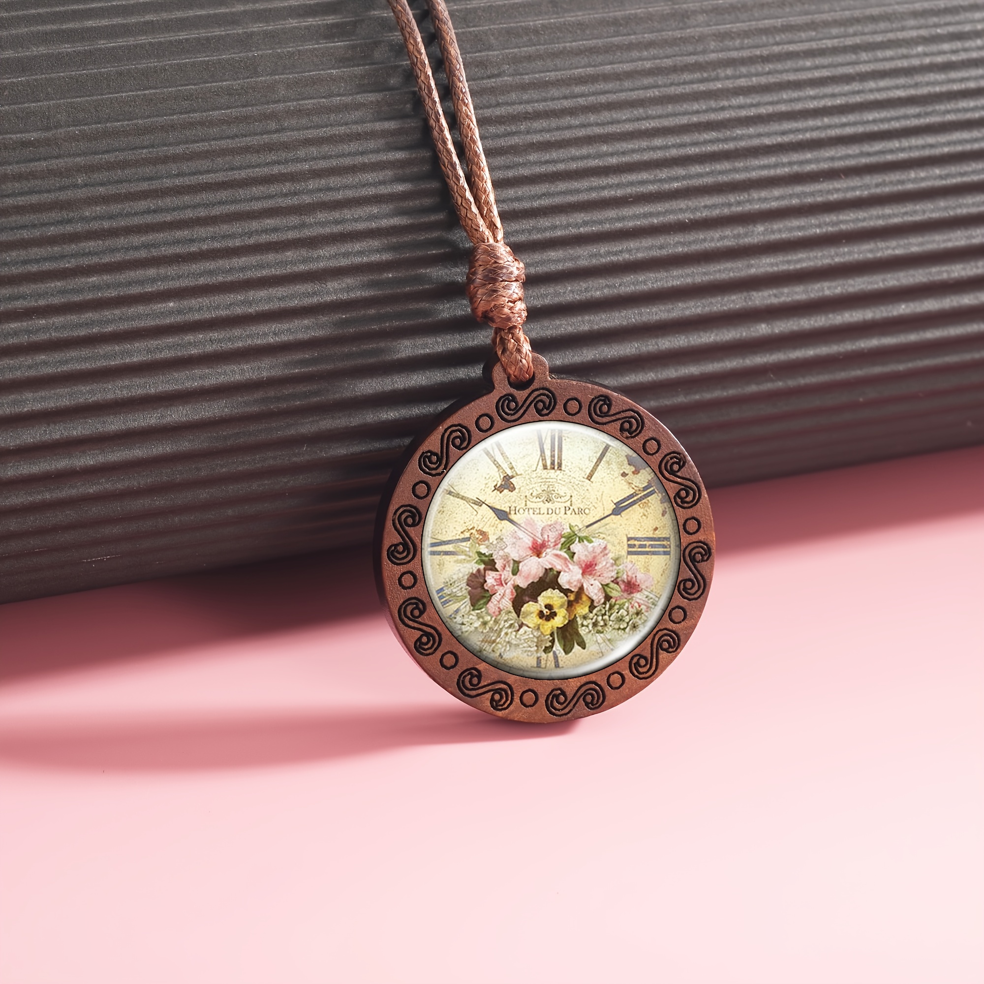 Vintage Clock Design Wooden Pendant Necklace