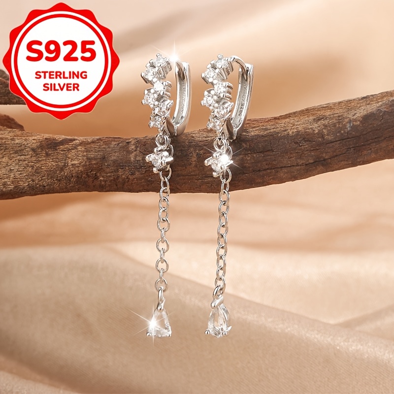 TEMU 2pcs Women's Fashion Stud Earrings, S925 Sterling Silvery Teardrop Tassel Earrings For Women, Exquisite, Fashionable, Cool And Elegant, Trendy
