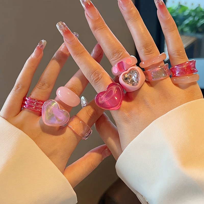 

11pcs Chic Pink & Heart Resin Ring Set - Cute, Sweet Fashion Stacking Rings With Glittery Accents For Women & Girls - Ideal For , Parties, Travel - Handmade, Unique Party Accessory Gift, Cute Rings