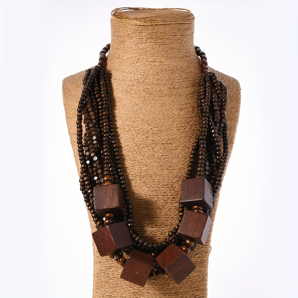 TEMU Bohemian Vintage Wooden Beaded Layered Sweater Necklace, Ethnic Handcrafted Geometric Square Pendant, Fashion Accessory For Daily & Gift