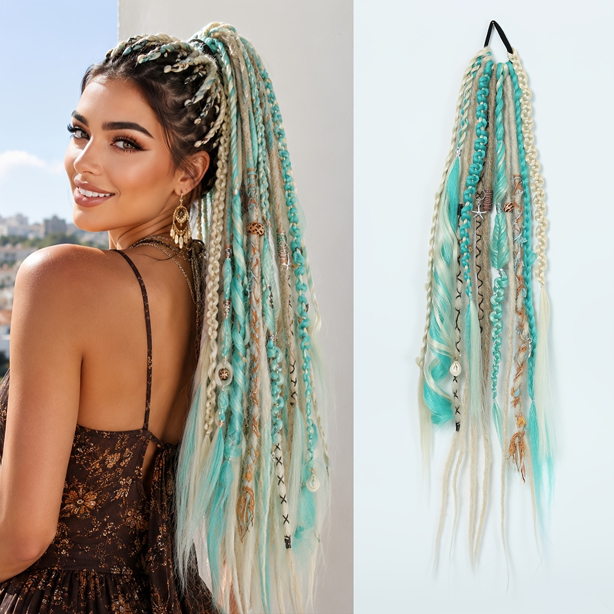 Image of 1pc Bohemian Braided Hair Extension, 24 Inch/60cm Synthetic Fiber Boho Dreadlock Ponytail Hairpiece With Beads & Charms, 100g Festival Hair Accessory For Women