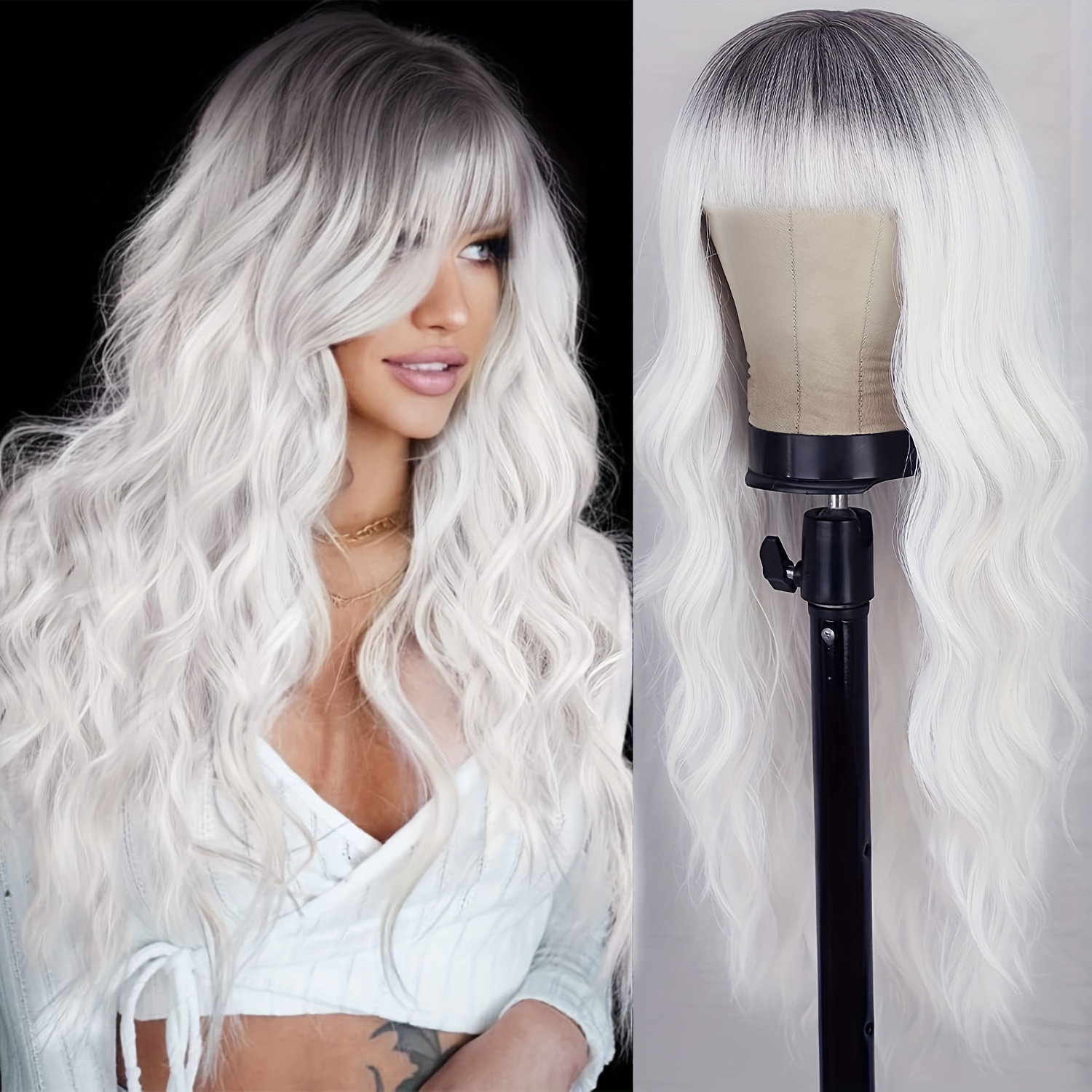 White Wigs for Women Ombre White Wig with Bangs Long Wavy Wig Hair Dark Root Synthetic Wigs Heat Resistant Fiber for Daily Party Use