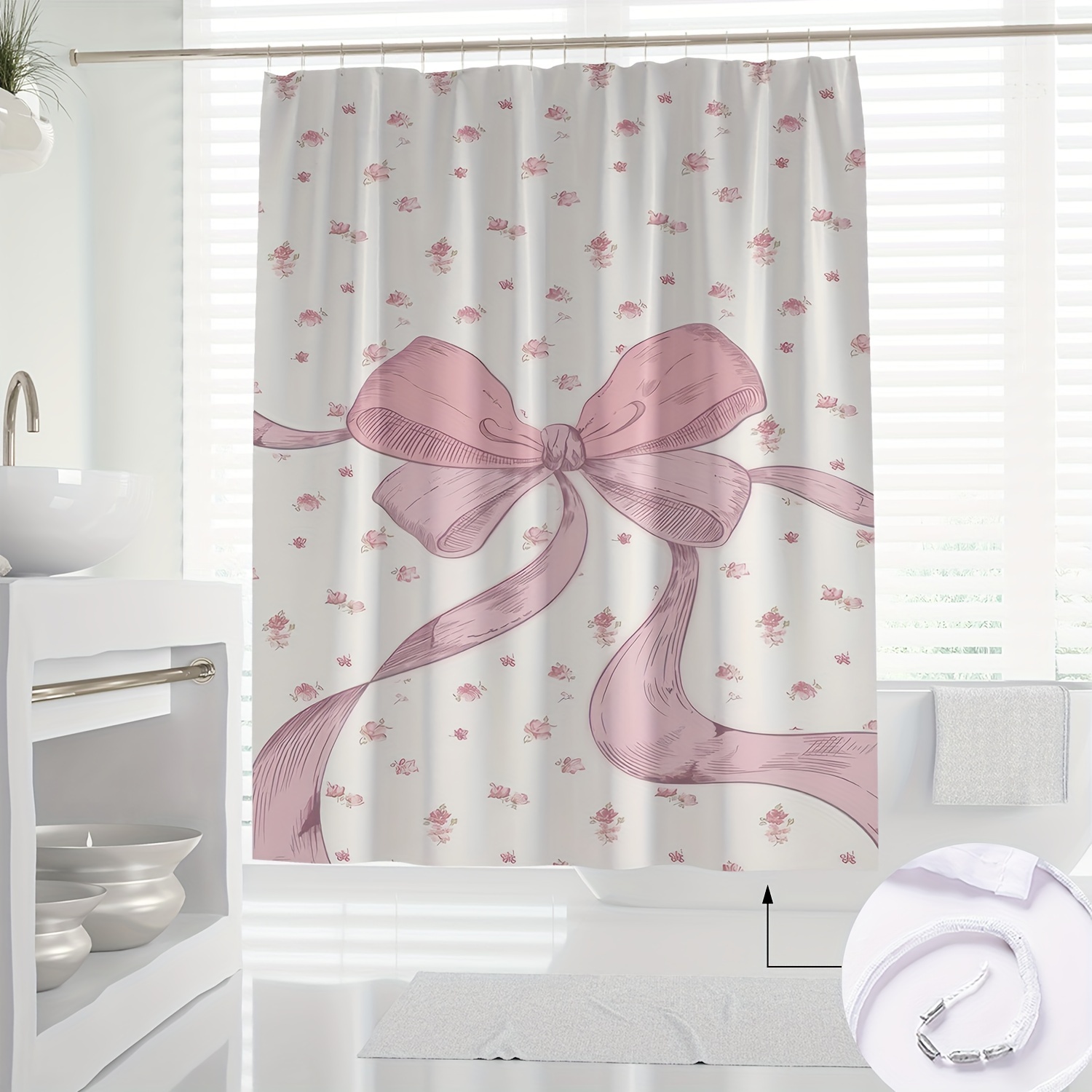 

1pc Pink Bowknot Polyester Shower Curtain With Hooks, Water-resistant Novelty Knit Weave Bath Curtain, Partially Lined, Artsy Floral Theme, Machine Washable, All-season Decor