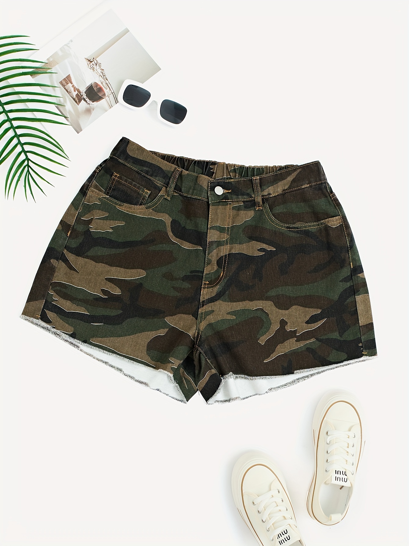 women's plus size casual camouflage denim shorts frayed hem Temu