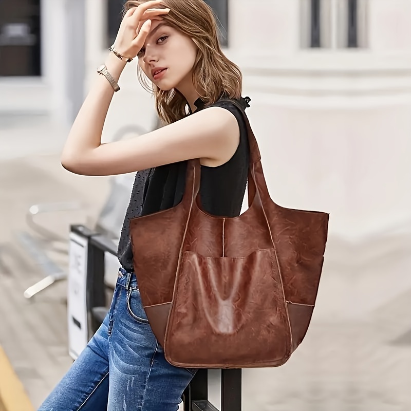 Minimalist Retro Tote Bag, Large Capacity Shopping Bag, Fashion PU Leather Shoulder Bag