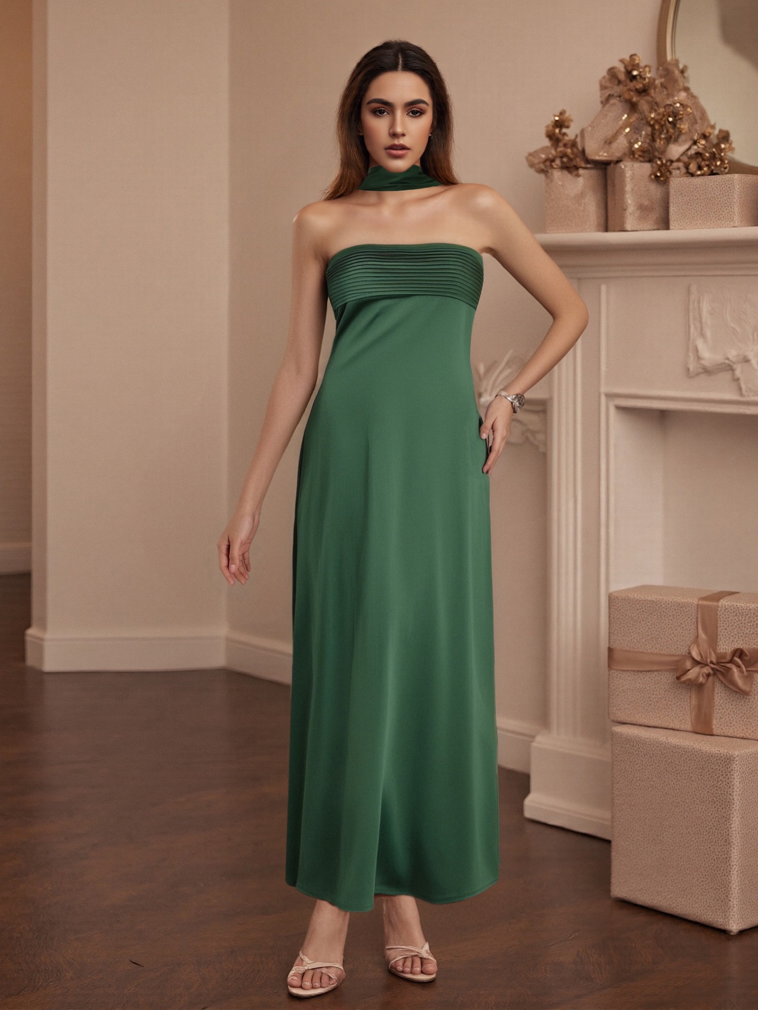 slim fit dress slacks Women's Solange Satin Midi Dress - Olive - Size M main image 0