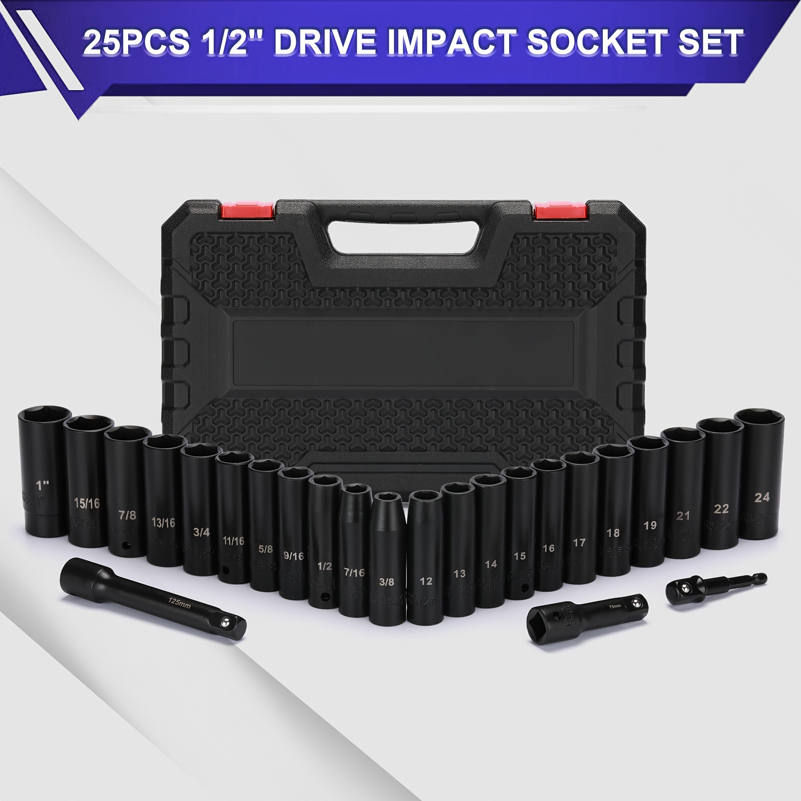 TEMU 25pcs Drive Deep Impact Socket Set, Deep, Cr-, 6 Point, Metric&sae, 12mm To 24mm, 3/8 Inch To 1 Inch, Includes Extension Bars: 3-inch, 5-inch, To 1/4" Adapter, Connect Tool To Use