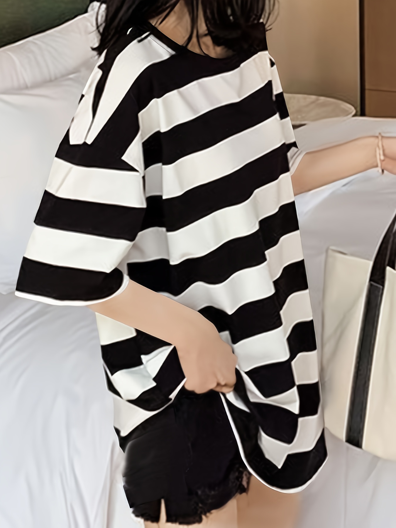 camiseta oversize mujer hombros caídos top casual rayas Temu Spain