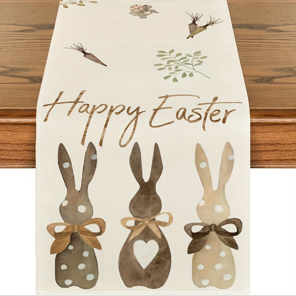 

1pc Easter Bunny Table Runner - Polyester Woven Rectangular Table Flag With Spring And , Seasonal Home Party Decoration, 100% Polyester