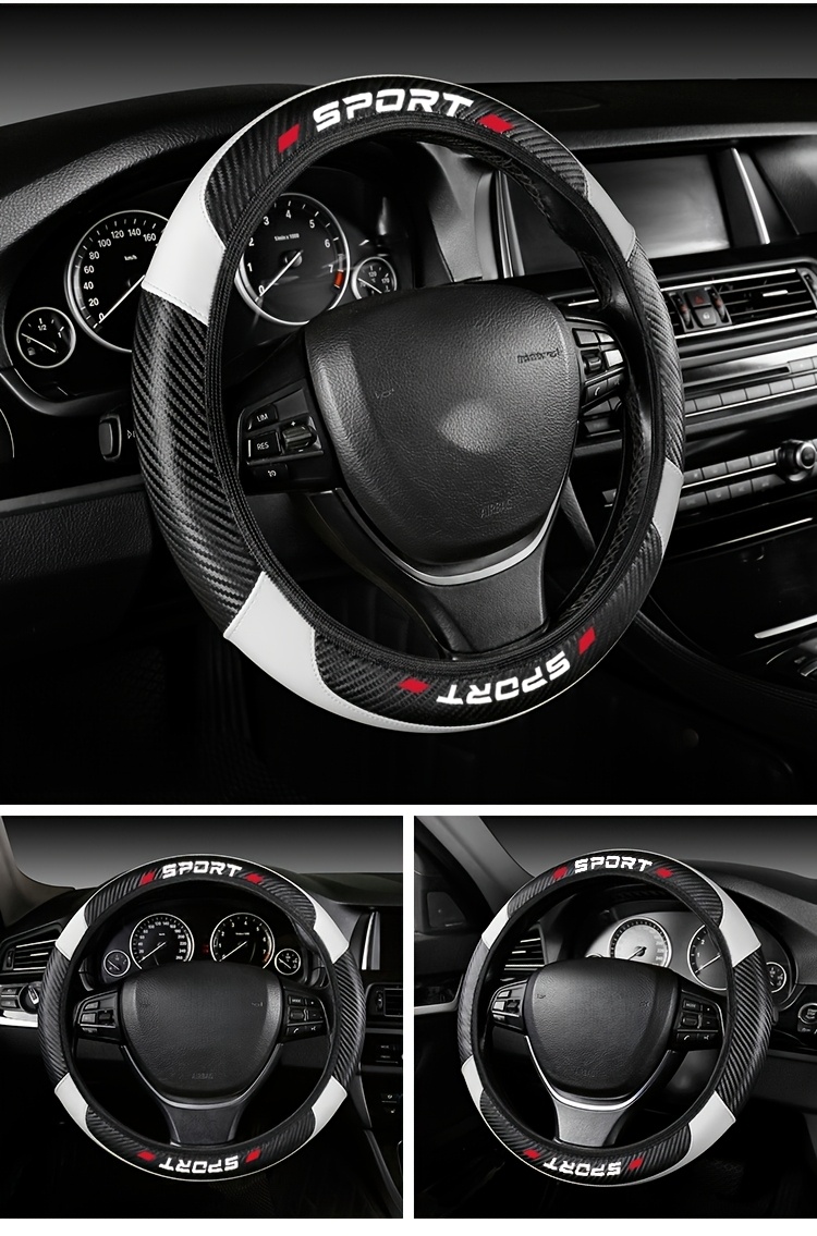 Funda para Volante de PU con Costuras de Imitación de Cuero de Fibra de Carbono, Adecuada para Volantes de Coche de 15 Pulgadas, Universal para Cuatro Secciones