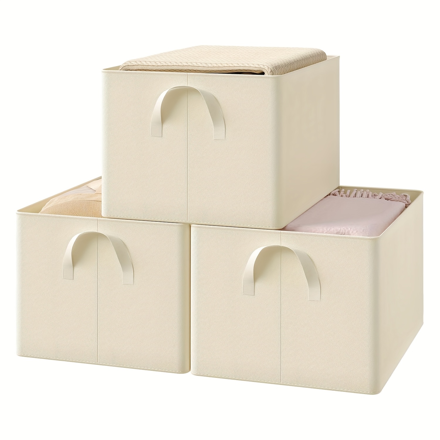 Set Of 3 Lid-style Storage Boxes, Fabric Containers, Foldable Storage Bins, Suitable For Living Room, Bedroom, Study, Versatile Use, In Sizes, Cream Color