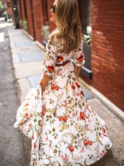 womens floral print dresses flowy boho crew neck half sleeve summer a line dress