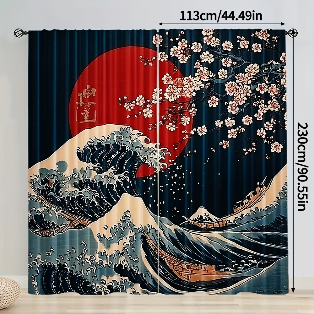 TEMU 2pcs, Japanese-inspired Cherry Waves Landscape Curtains, 100% Polyester, Perfect For Bedroom, Office, Kitchen, Living Room, Study, And Home