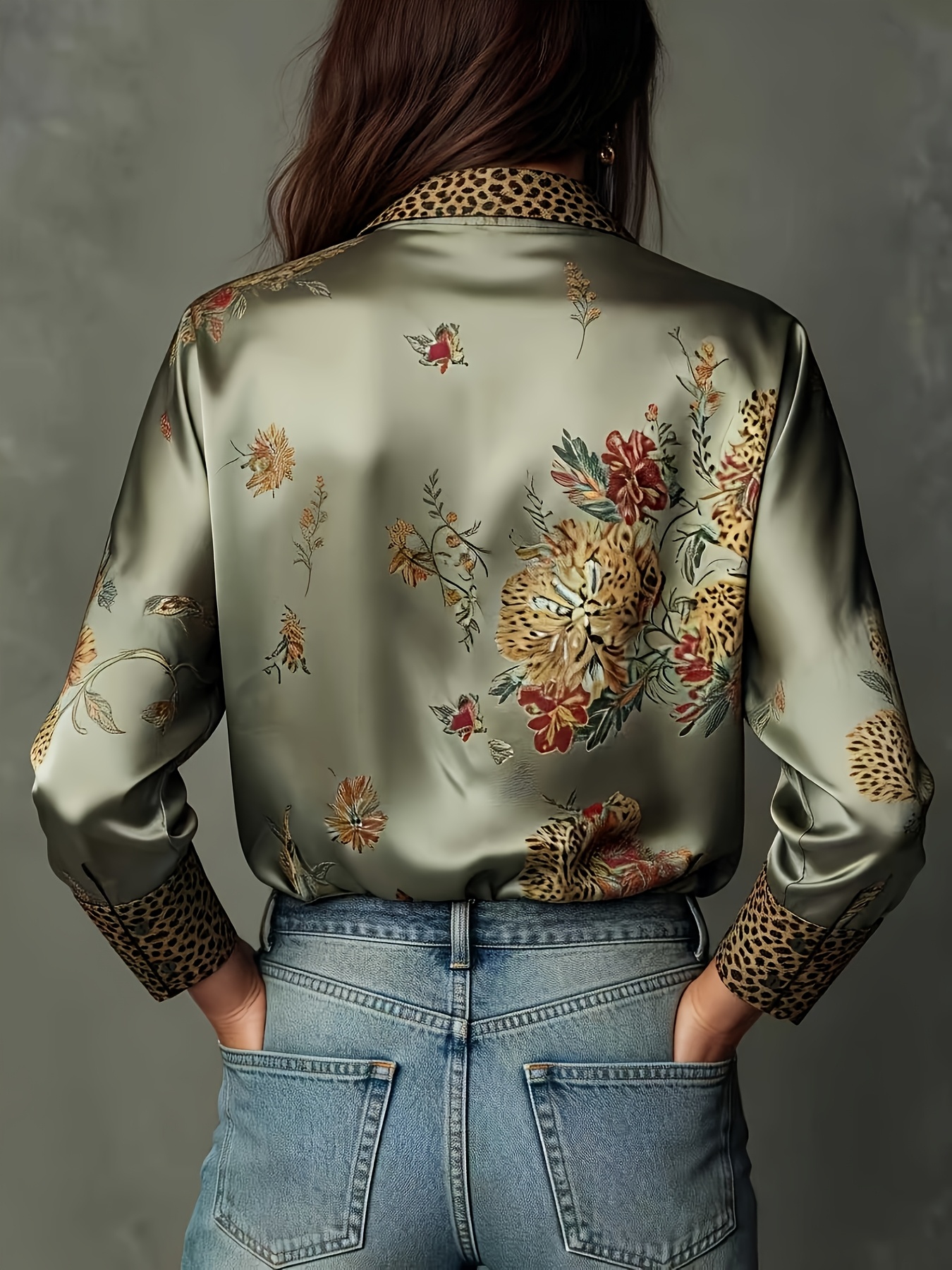 Fashion Womens Clothing Vintage Floral Satin Blouse Leopard