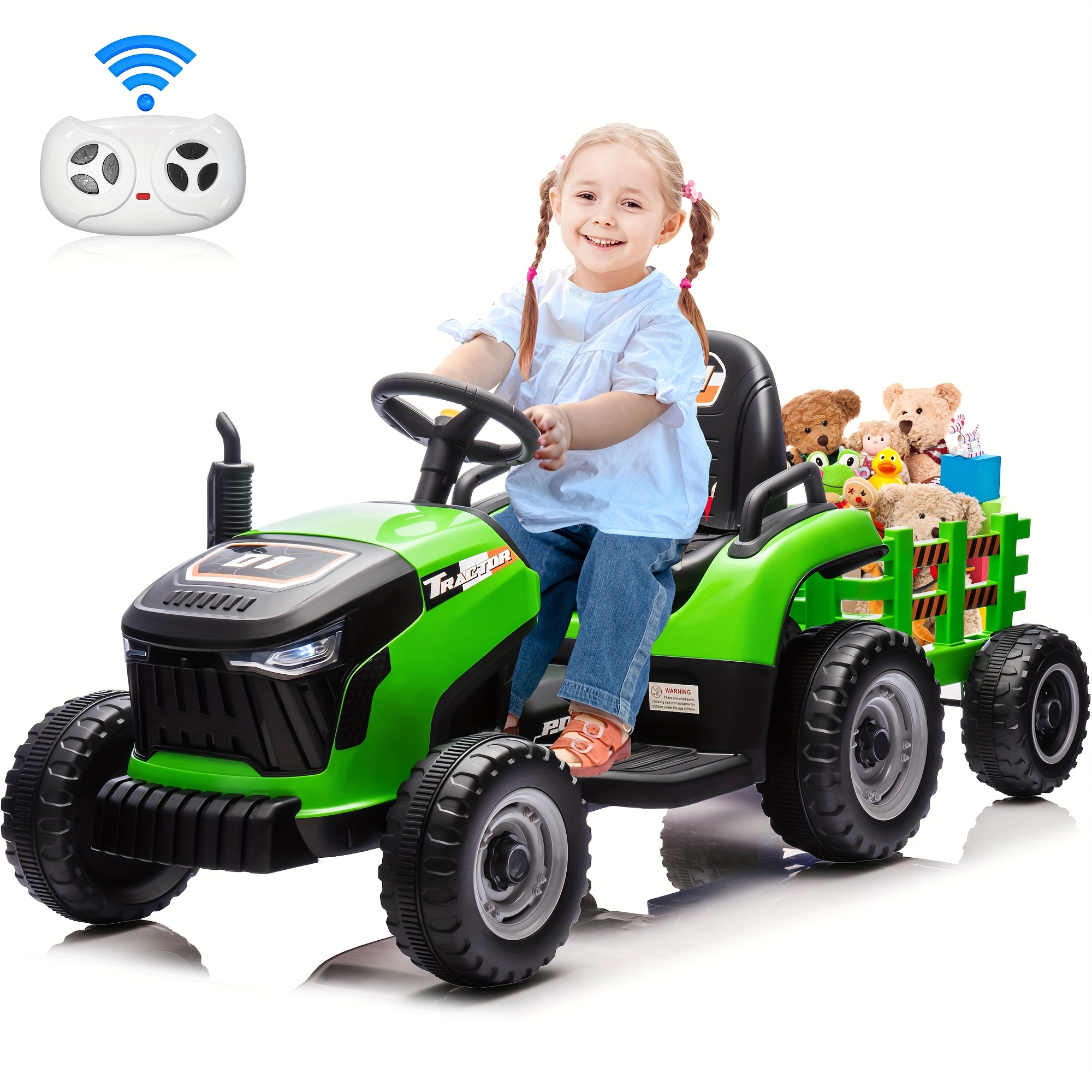 JOYRACER 2-in-1 Kids Tractor Ride-On with Detachable Trailer, Remote Control & Music - 2*200W Motor, 2-4.3MPH, Anti-Skid Wheels for Multi-Terrain, LED Lights + Seat Belt, Green & Black, Remote Control Ride-On | Kidfriendly Ride | Durable Construction, JOYRACER
