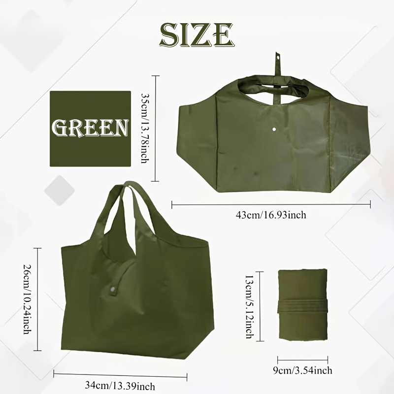 TEMU 1pc Green Large Foldable Oxford Shopping Tote Bag - Ultra-lightweight Reusable Beach Bag With Snap Closure, Design, Folds To Phone Size For