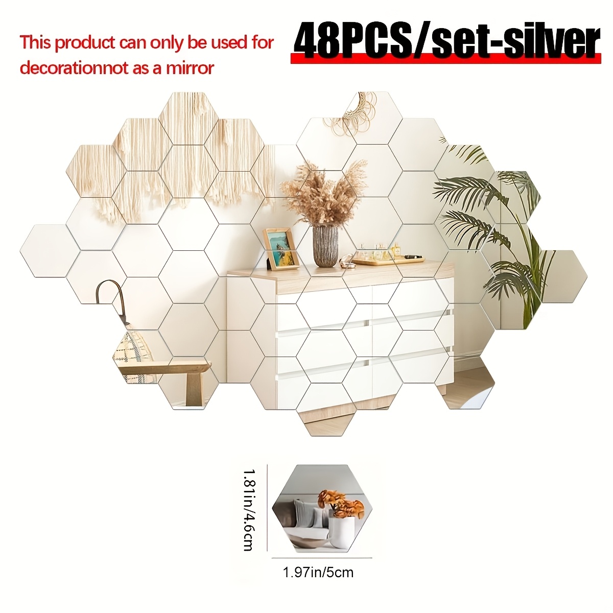 48 piezas, Adhesivos de pared hexagonales de espejo acrílico - Autoadhesivos, Espejos decorativos 3D, Dorados y plateados, Adecuados para la renovación de habitaciones, Decoración moderna de pared de fondo para el hogar - Imagen 6