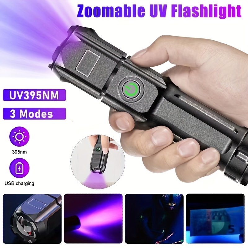 1pc rechargeable uv flashlight bright abs portable ultraviolet torch 3     usb 395nm handheld black   stains fluorescent detection urine fishing