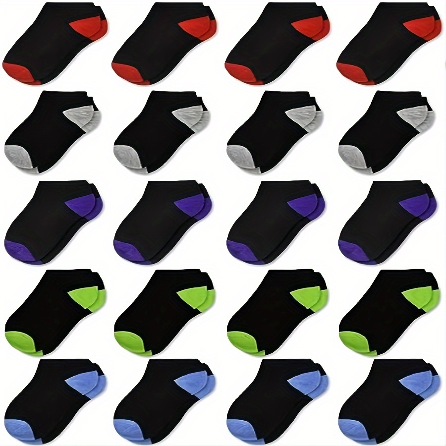 

20 Pairs Of Boy's Color Block Liner Anklets Socks, Comfy Breathable Soft Non Slip Socks For Kid's Outdoor Wearing