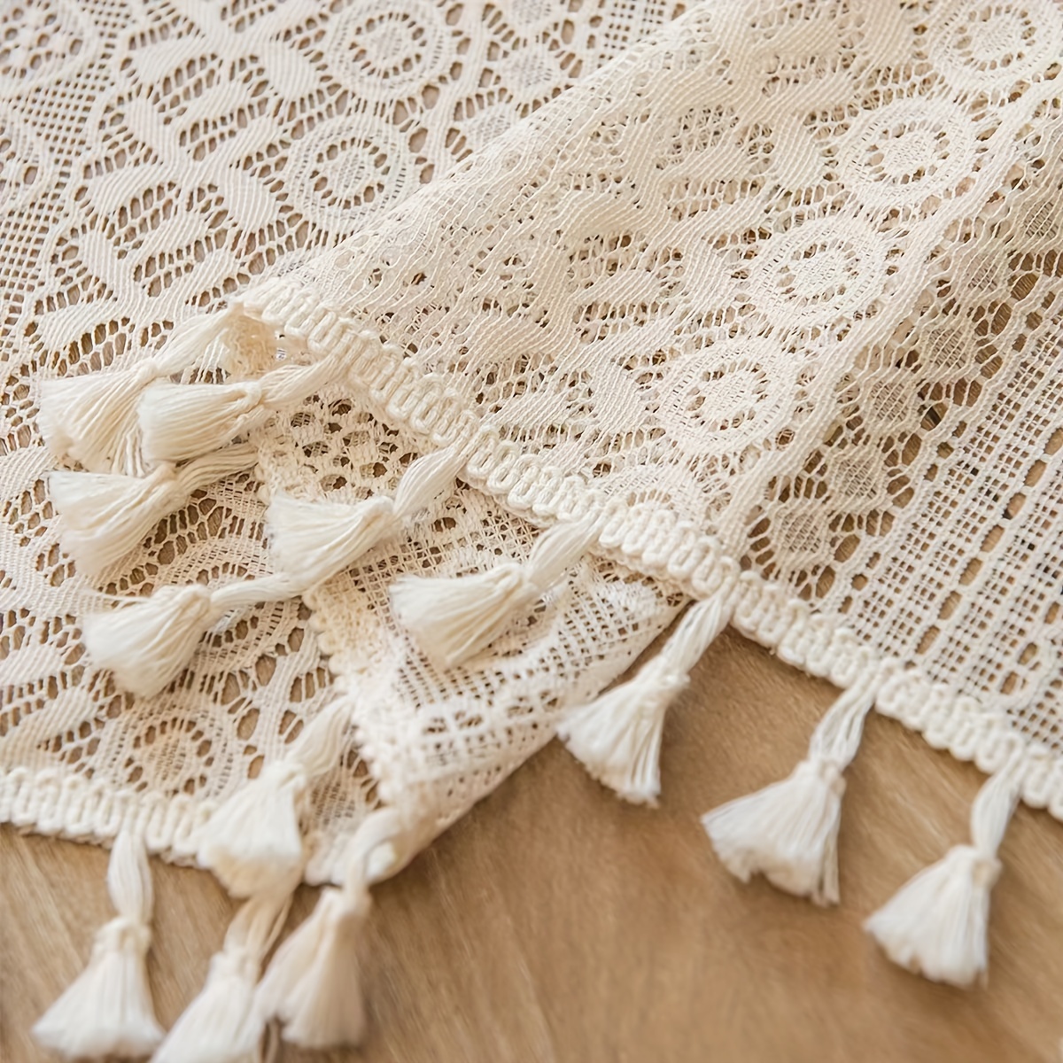 Lot De 2 Rideaux Dentelle Beige Pompons – Style Bohème, 35x40 Cm, Romantique