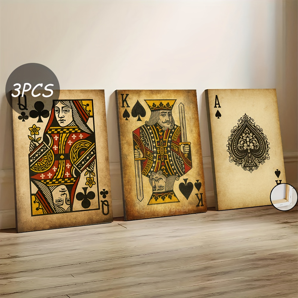 TEMU 3pcs Vintage Playing Card Canvas Art Set (framed) - Classic And Elegant Hanging Poster Signs, Perfect For Living Room Wall Decor | Bedroom Décor