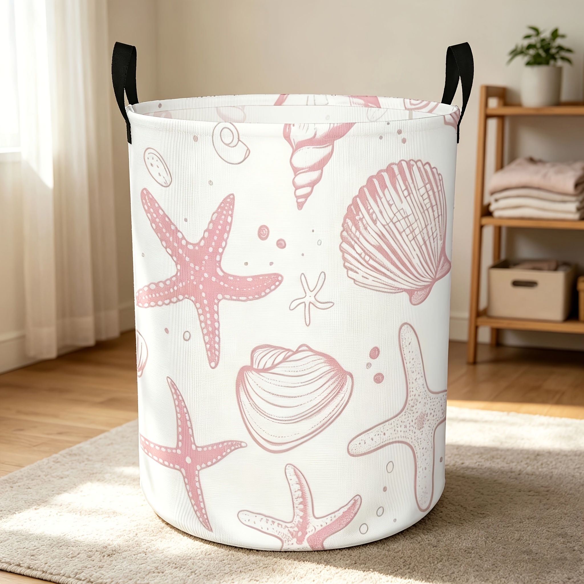 TEMU 1pc Laundry Basket, Pink Starfish Shell Water Drop Pattern, Polyester Fiber, Handle Storage Basket, Home Decor/storage Item, Storage Basket,