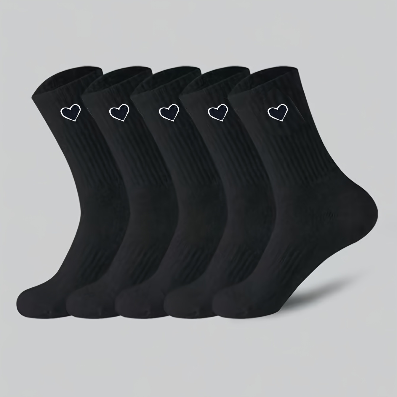 TEMU 5 Pairs Women's Mid-calf Socks Autumn Winter Comfortable Soft Breathable Sweat-absorbing -match Black White Heart-shaped Suitable For Daily