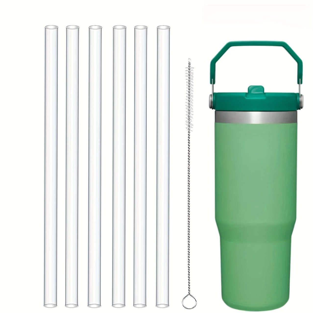 Image of 6 Extra Long Reusable Straws And 1 Cleaning Brush, Suitable For 40 Ounce And 30 Ounce Cups - Durable Pp Material, Perfect For Sports Bottles And Kitchen Use