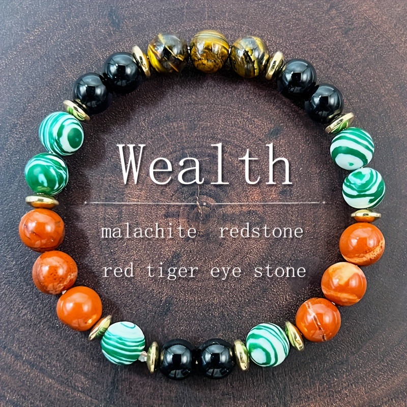 

Vintage Boho Natural Stone Bracelet - 8mm Fortune Tiger Eye, Malachite, Redstone Beads - Prosperity Wealth Charm - Unisex Gift For All Occasions