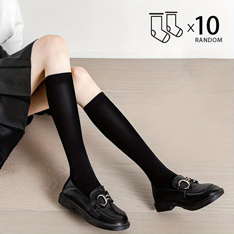 

10 Pairs Classic Solid Calf Socks, Jk College Style Slim Fit Knee High Socks, Women's Stockings & Hosiery For Fall