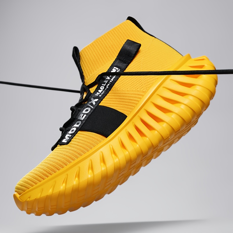New Spring And Summer Men'S Yellow High-Top Sock-Style Running Shoes with Breathable Mesh And Thick Serrated Soles, Perfect for Casual Street Style
