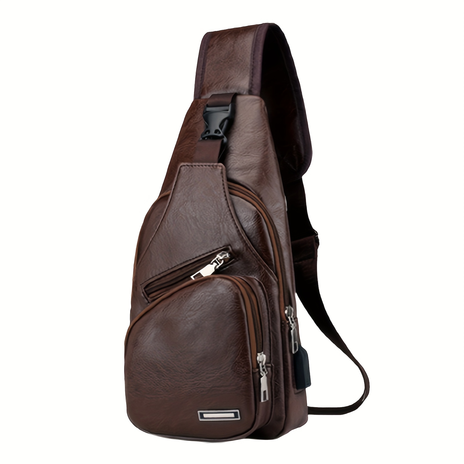 Outdoor Sport PU Chest Bag Crossbody Bag, Men's And Women's Crossbody Bag with Headphone Hole, Lightweight, Fade-resistant, Multi-layer Design, Adjustable Shoulder Strap, Zipper Closure, Polyester Lining, Suitable for Outdoor Travel, Hiking, Camping