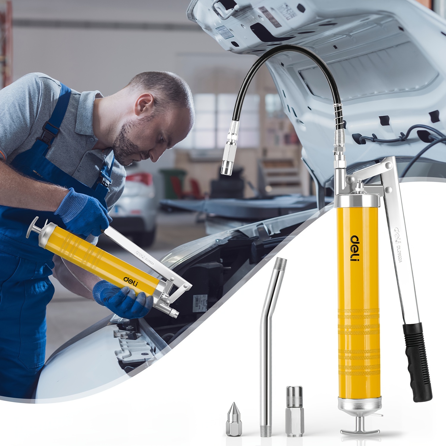 

Deli Grease Gun, 8000 Psi Heavy Duty Pistol Grip Grease Gun Kit With 14 Oz Load, 18 Inch Spring Flex Hose, 2 Basic Coupler, 1 Fixed Tube And 2 Sharp Type Nozzle, Yellow