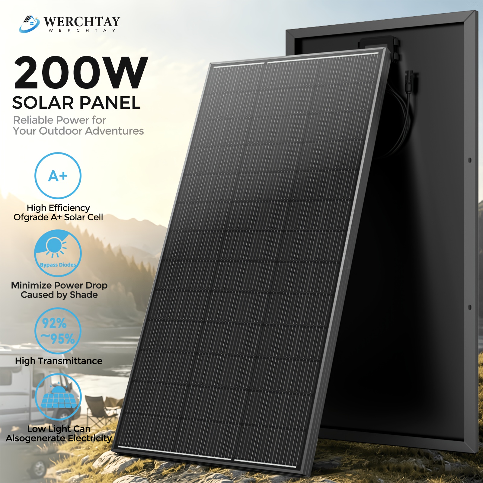 TEMU 1pc 200w Black Solar Panel Monocrystalline Solar Panel High Saving With Hidden And Waterproof Technology For Rvs, Trucks, Vehicles, , Farm Roof,