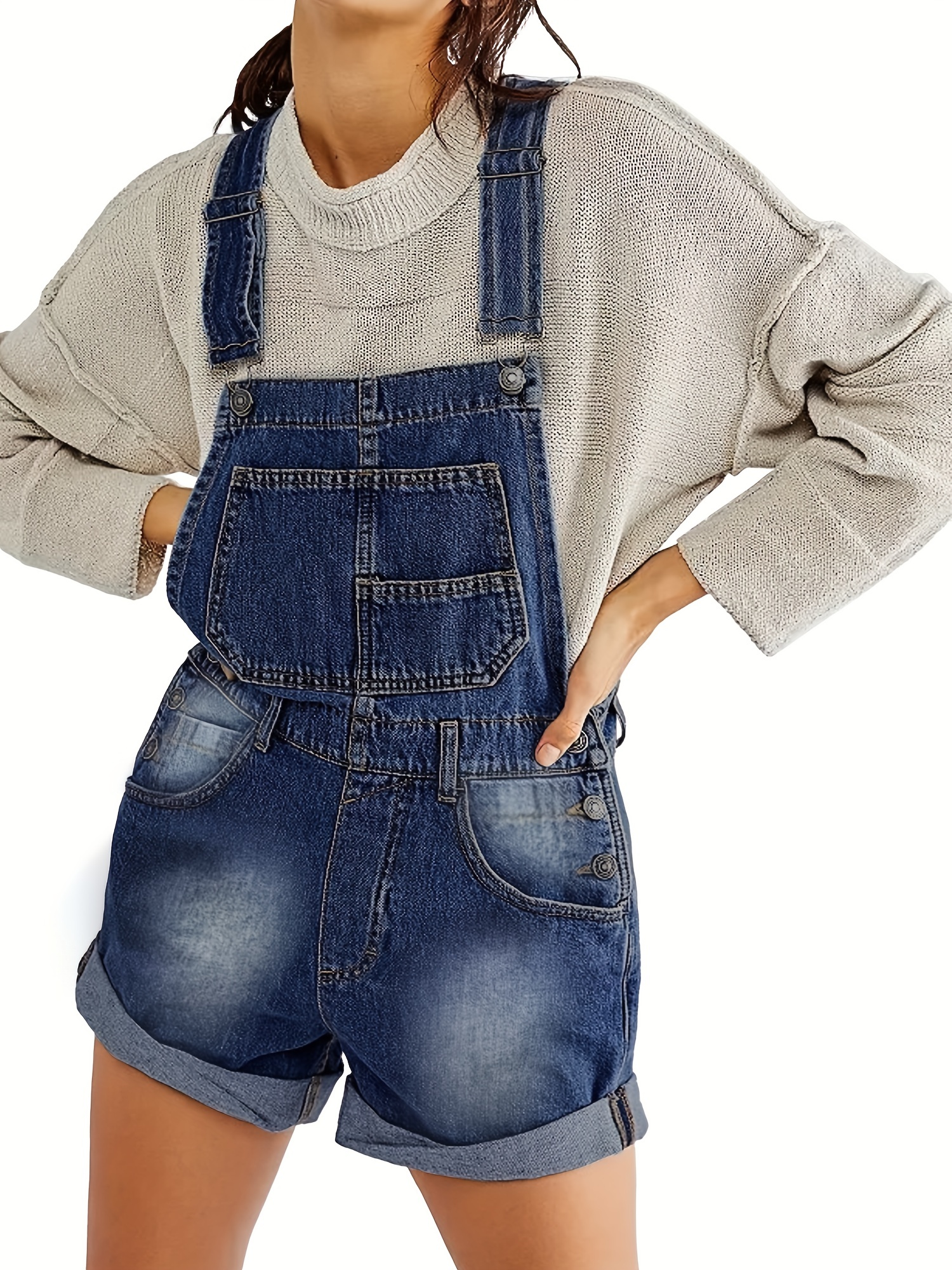 womens classic denim shortalls adjustable strap bib Temu
