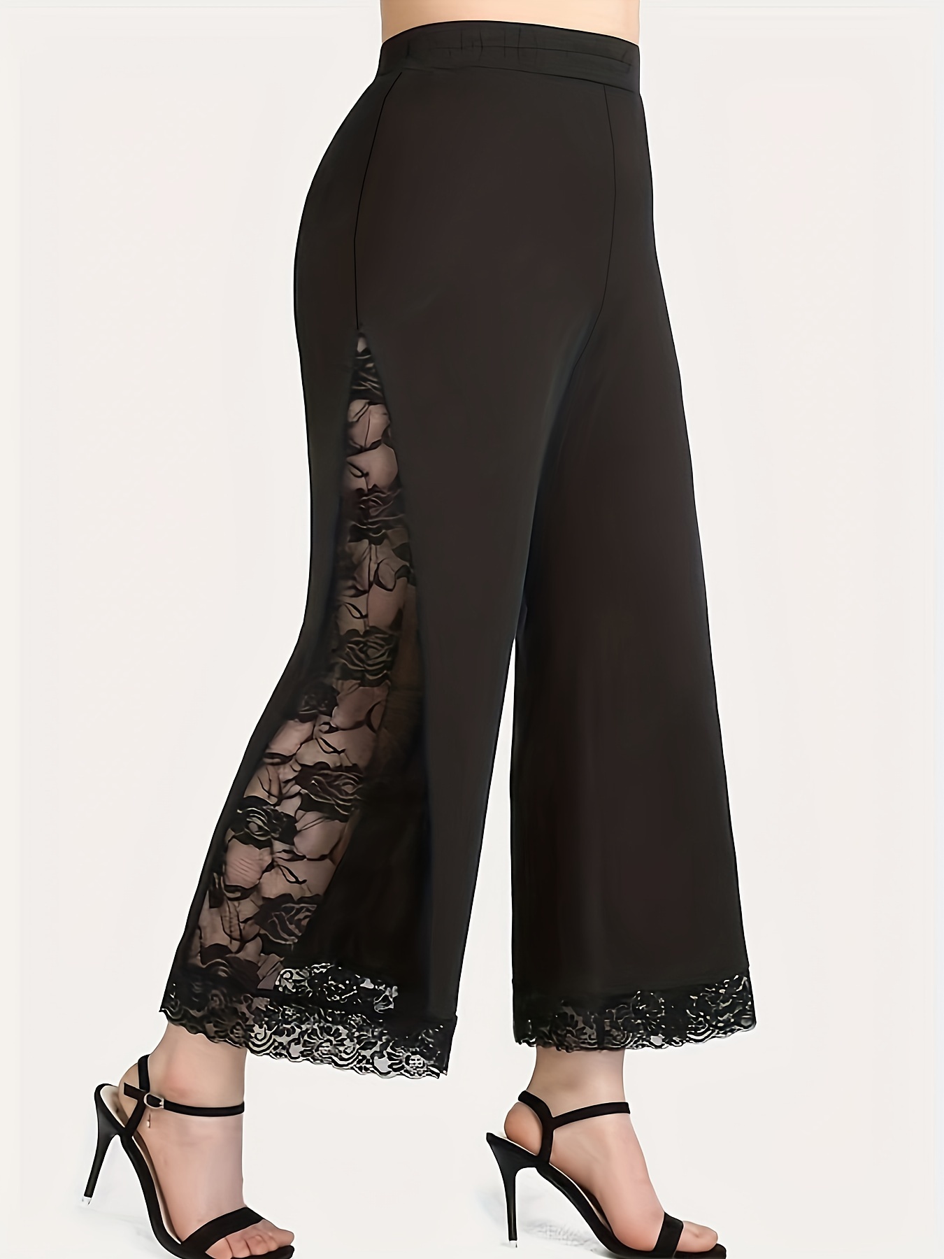 Plus Size Casual Pants, Women's Plus Solid Contrast Lace Elastic