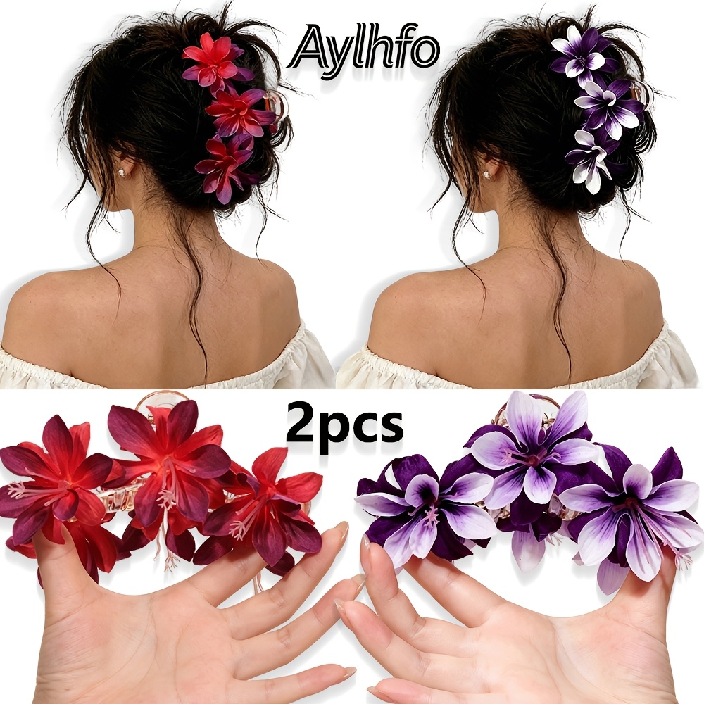 TEMU Aylhfo 2pcs Fall New Arrival Fabric Simulation Flower Hair Claw Clips, Large Elegant Floral Shark Hair Barrette, Boho Hair Grab Clip For Women,