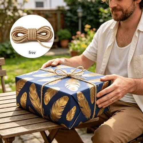 große rolle geschenkpapier mit marineblauem goldenem feder-muster, inklusive 3 meter juteschnur. premium elegantes blau-goldenes geschenkpapier, jede rolle misst 17 zoll x 118 zoll. für geburtstagsgeschenke, hochzeitsgeschenke farbenfrohes party-geschenkpapier
